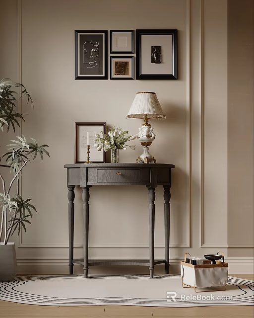 Stylish Entryway Cabinet Sideboard With Table Lamp Flower Arrangement Photo Frame And Potted Plant 3d model 