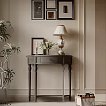 Stylish Entryway Cabinet Sideboard With Table Lamp Flower Arrangement Photo Frame And Potted Plant