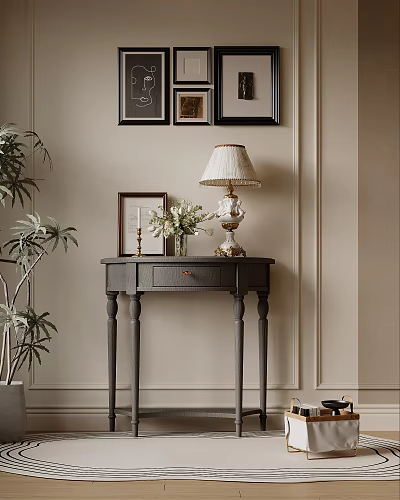 Stylish Entryway Cabinet Sideboard With Table Lamp Flower Arrangement Photo Frame And Potted Plant 3d model