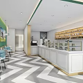 Elegant Modern Dessert Shop Interior Design With White Counter Display Cases And Green Wall