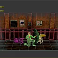 Cartoon Scene With Decorative Walls Posters Kneeling Figure Green Umbrella And Flames