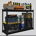 Black Metal Shelf with Gray Yellow Storage Bins White Buckets and Toolboxes for Organizing