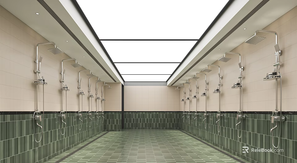 Modern SPA Sauna Shower Area With Multiple Shower Heads Green Tiles And Glass Skylights 3d model 