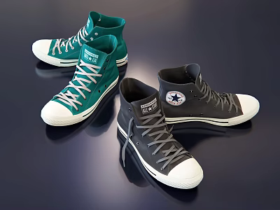 Green and Black High Top Canvas Shoes With Classic Design White Soles And Star Logo 3d model