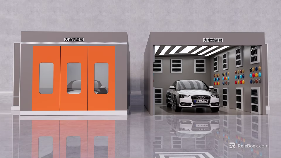 4S Auto Shop with Car Painting Booth and Detailing Room Featuring White Car and Tools 3d model 