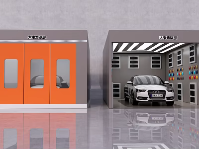 4S Auto Shop with Car Painting Booth and Detailing Room Featuring White Car and Tools 3d model