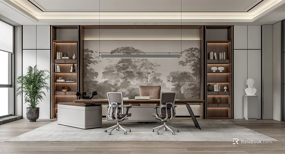 Modern Office Interior Design With Executive Desk Ergonomic Chairs Wooden Bookshelves And Decorative Painting 3d model 
