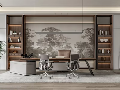 Modern Office Interior Design With Executive Desk Ergonomic Chairs Wooden Bookshelves And Decorative Painting 3d model