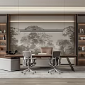 Modern Office Interior Design With Executive Desk Ergonomic Chairs Wooden Bookshelves And Decorative Painting