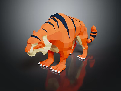 Low Poly Tiger 3D Model Featuring Orange Black Stripes White Paws And Reflective Surface 3d model