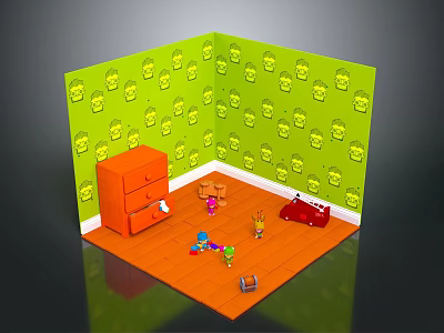 Modern Kids Playroom Interior Featuring Green Smiley Patterned Walls Orange Floor Cabinet And Colorful Toys 3d model