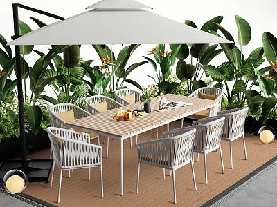 Outdoor Wooden Table With White Umbrella And Wicker Chairs In Garden With Green Plants 3d model