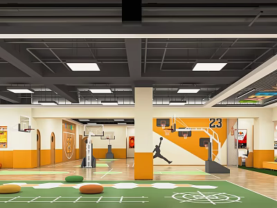 Indoor Basketball Gym With Yellow White Walls Green Court Ceiling Lights And Number 23 3d model