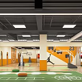 Indoor Basketball Gym With Yellow White Walls Green Court Ceiling Lights And Number 23