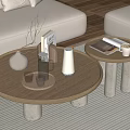 Modern Round Coffee Tables with Wooden Top Stone Legs Tray and Vases
