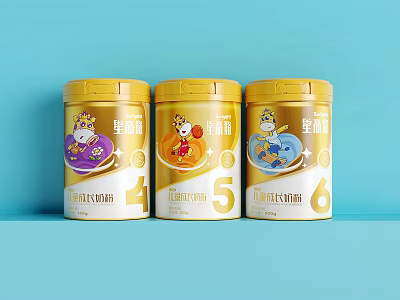 Supermarket Display Shelves Featuring Golden Baby Formula Cans with Cartoon Images and Labels 3d model
