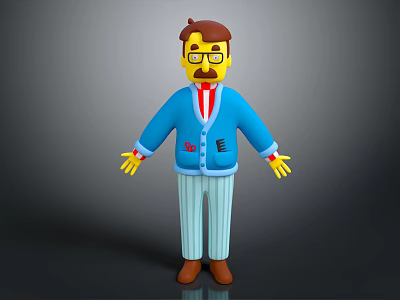 Cartoon Character With Brown Hair Glasses Blue Coat Red Tie Striped Pants And Brown Shoes 3d model