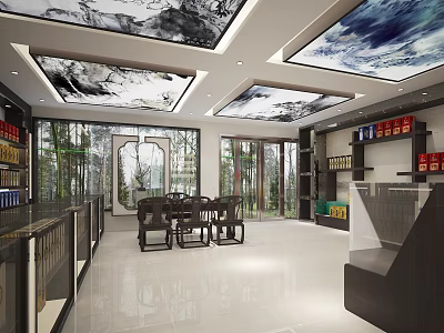 Bright Modern Liquor and Tobacco Store Interior With Display Cabinets Product Shelves And Ceiling Design 3d model