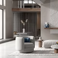 Modern Living Room Interior with Gray Sofa Round Marble Coffee Table and LED Strip Wall