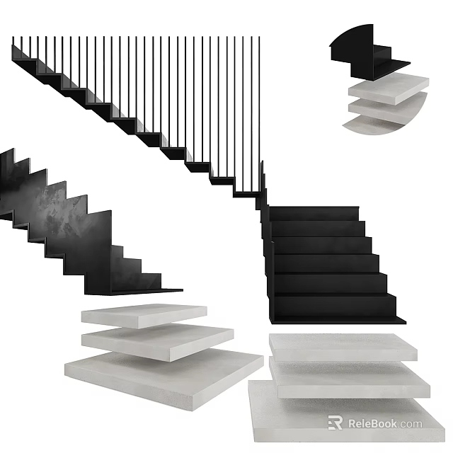 Modern Black And White Staircase Design With Geometric Steps And Railings 3d model 