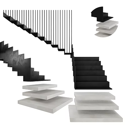 Modern Black And White Staircase Design With Geometric Steps And Railings 3d model