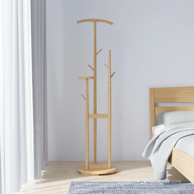 Wooden Tree Shaped Coat Rack In Modern Bedroom With Bed And Curtains 3d model 