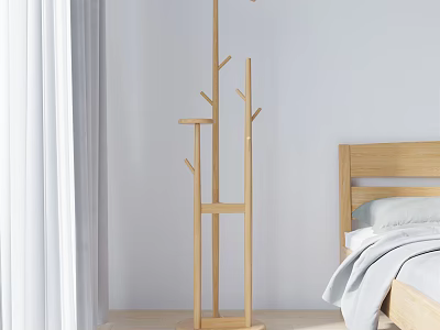 Wooden Tree Shaped Coat Rack In Modern Bedroom With Bed And Curtains 3d model