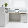 Modern Office Desk With Shelf Potted Plant Clock Files And Storage Cabinet