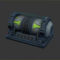 Gray Industrial Mechanical Device Featuring Green Illuminated Accents Yellow Stripes And Support Structure