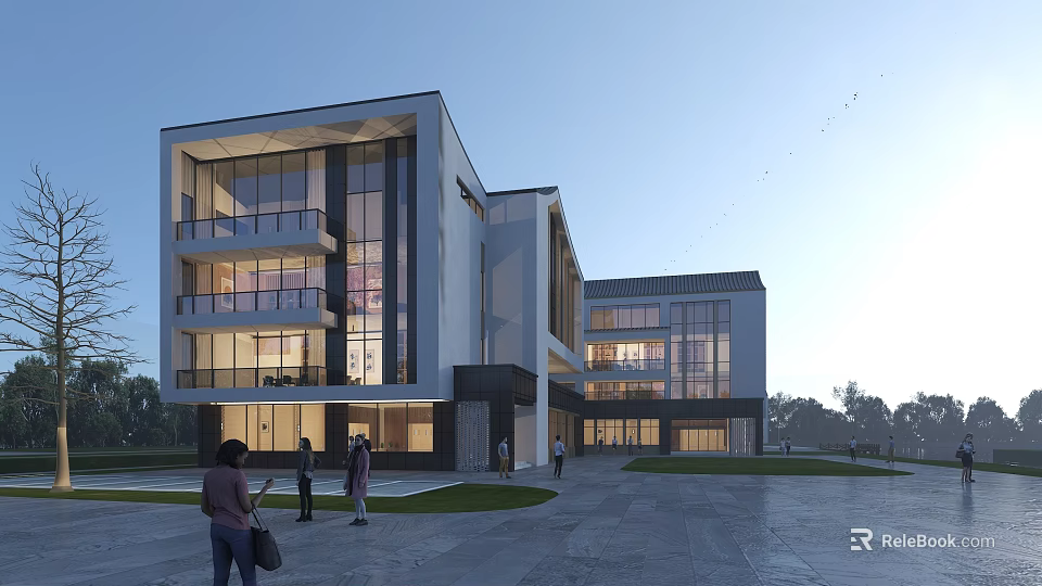 Modern Detached Villa Exterior With Glass Facade Balcony And Lawn Area 3d model 