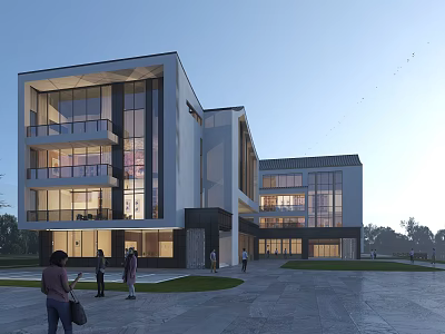 Modern Detached Villa Exterior With Glass Facade Balcony And Lawn Area 3d model