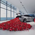 White Car in Bright Indoor Space with Red White Balloons Heart Decorations and Ocean View