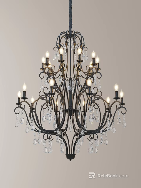 Classical Crystal Chandelier with Candle Shaped Bulbs and Black Metal Frame Elegant Design 3d model 