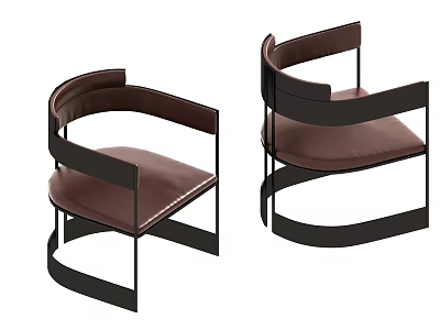 Modern Set of Two Chairs With Black Metal Frame Brown Leather Seat And Curved Back 3d model