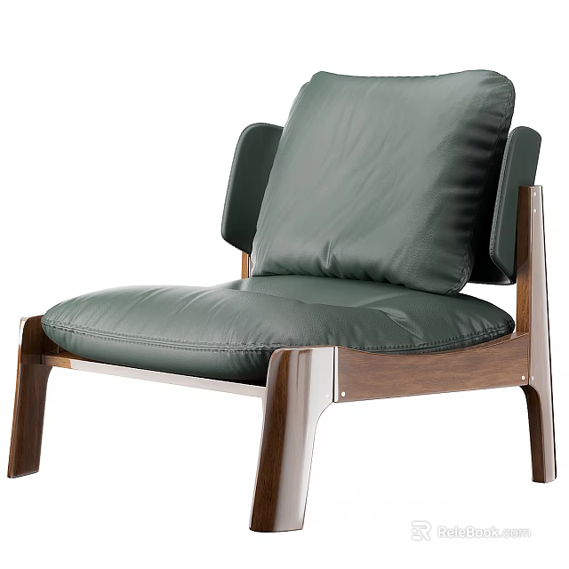 Stylish Green Leather Leisure Chair With Walnut Wood Frame And Thick Cushion 3d model 