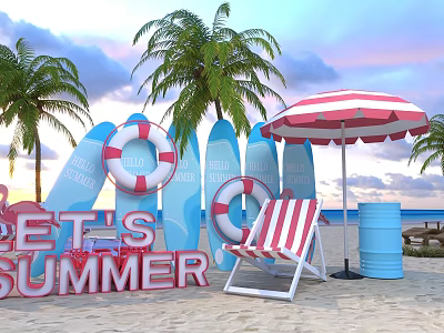 Beach Scene With Palm Trees Life Rings Surfboards Beach Chair Umbrella And Summer Sign 3d model