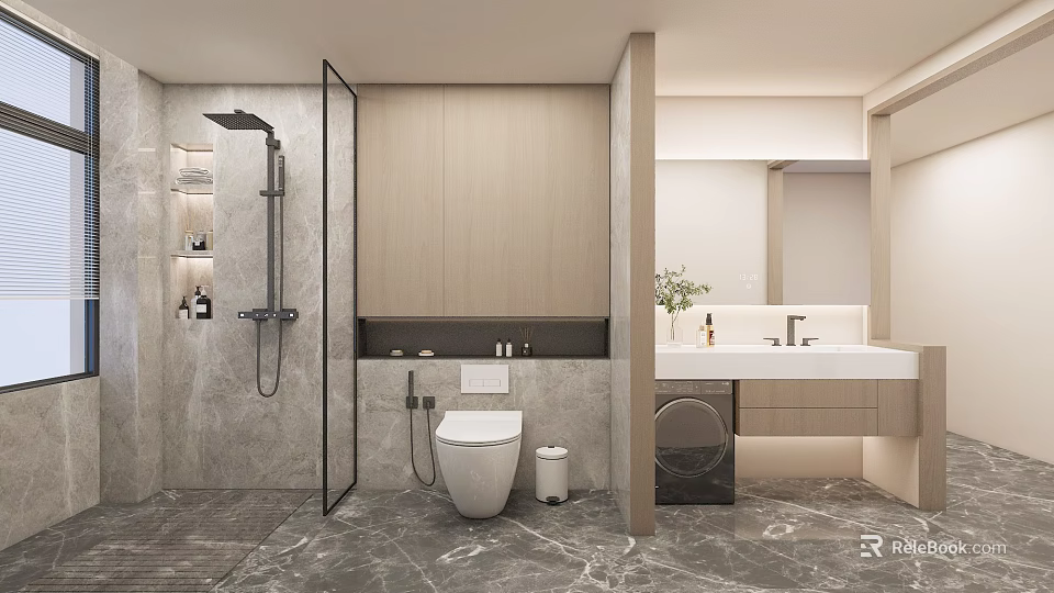 Modern Bathroom Interior With Marble Floor Shower Area Toilet Vanity And Mirror 3d model 