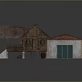 Traditional Wooden House With Red Tile Roof Stone Steps Pillars And Adjacent Brick Building