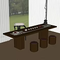 Modern Wooden Tea Table with Stools Teapot and Tea Cups in Bright Indoor Setting 3d model