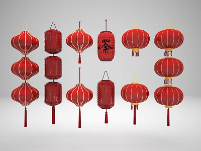 Traditional Red Chinese Lanterns in Various Shapes for Festive Decorations 3d model