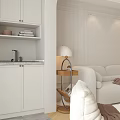 Minimalist Living Room Interior With White Cabinets Open Shelves And Table Lamp