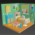 Cartoon Style Room Scene With Green Walls Blue Cabinets Small Bed Patterned Curtains And Bookshelf