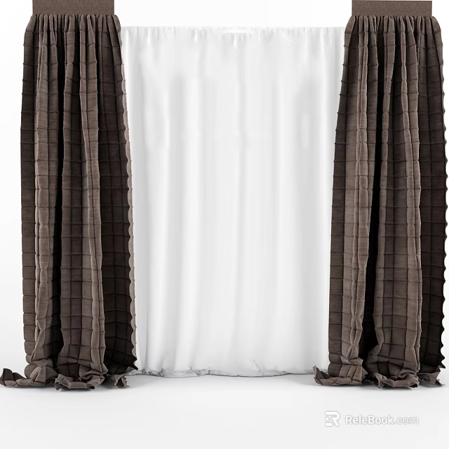 Brown Plaid Curtains Paired With White Sheer Panel For Home Window 3d model 