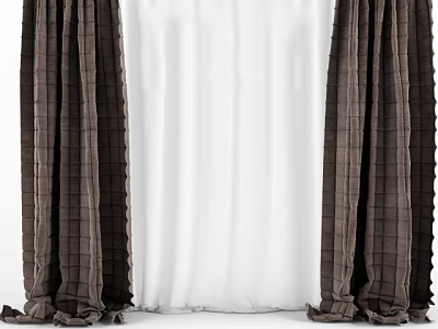 Brown Plaid Curtains Paired With White Sheer Panel For Home Window 3d model