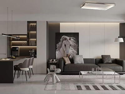 Modern Minimalist Open Living And Dining Room With Comfortable Leather Sofa And Practical Island Counter 3d model