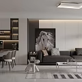 Modern Minimalist Open Living And Dining Room With Comfortable Leather Sofa And Practical Island Counter