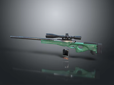 Green Tactical Rifle With Scope And Magazine On Black Reflective Surface 3d model