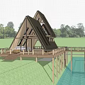 Detached Villa With Triangular Roof Wooden Deck And Autumn Trees By Pond