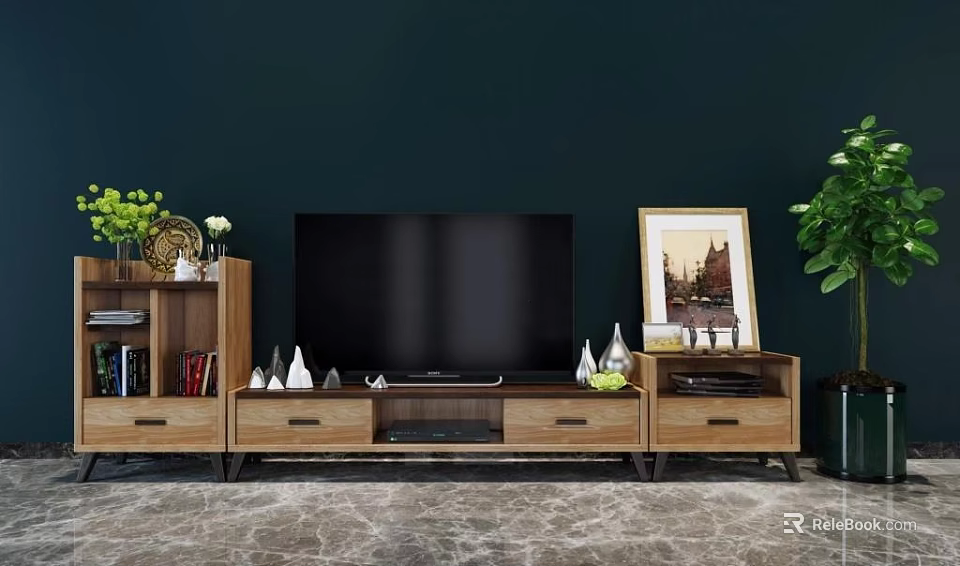 Wooden TV Stand with Storage Drawers Green Plants Picture Frame and Decorations on Dark Wall 3d model 
