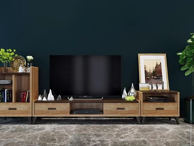 Wooden TV Stand with Storage Drawers Green Plants Picture Frame and Decorations on Dark Wall 3d model